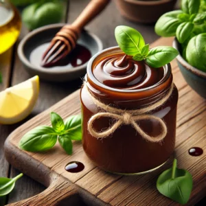Vegan creamy balsamic dressing in a glass jar, garnished with balsamic glaze and fresh basil, placed on a wooden board surrounded by fresh greens, lemon halves, and olive oil in a rustic setting.