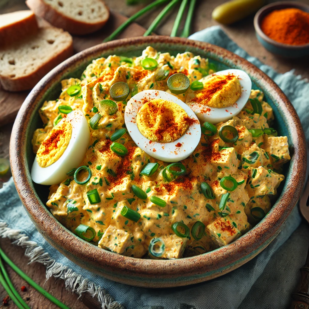 Vegan deviled 'egg' salad made with crumbled tofu, vegan mayo, Dijon mustard, turmeric, and paprika, garnished with smoked paprika and chives, served in a rustic bowl with crusty bread and small pickles on a wooden table.