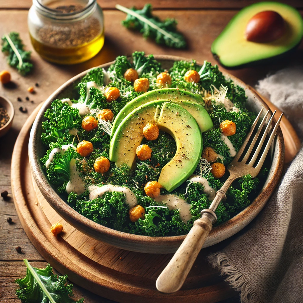 A bowl of vegan kale Caesar salad with tender kale leaves, creamy vegan Caesar dressing, crispy roasted chickpeas, sliced avocado, and dairy-free Parmesan shavings on a rustic wooden table. Garnished with black pepper and nutritional yeast, with a serving fork lifting a portion. A cozy napkin and wooden plate enhance the warm, inviting atmosphere.