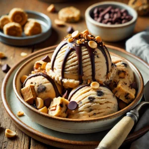 A beautifully plated serving of Vegan Peanut Butter Chocolate Chip Cookie Dough Ice Cream served on a rustic wooden table. The ice cream is creamy and dairy-free, with chunks of peanut butter cookie dough and chocolate chips mixed throughout. Scooped into a white ceramic bowl, drizzled with melted chocolate, and garnished with crushed peanuts. Served with a side of extra cookie dough bites. The warm wooden table is more visible, providing a cozy and inviting setting.