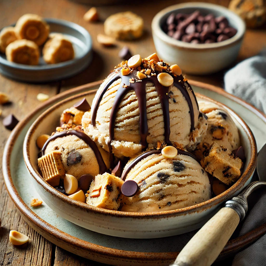 A beautifully plated serving of Vegan Peanut Butter Chocolate Chip Cookie Dough Ice Cream served on a rustic wooden table. The ice cream is creamy and dairy-free, with chunks of peanut butter cookie dough and chocolate chips mixed throughout. Scooped into a white ceramic bowl, drizzled with melted chocolate, and garnished with crushed peanuts. Served with a side of extra cookie dough bites. The warm wooden table is more visible, providing a cozy and inviting setting.