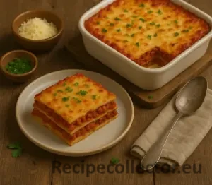 A slice of vegan lasagna layered with pasta, red sauce, and plant-based “meat,” topped with melted vegan cheese and parsley. Served on a ceramic plate with a baking dish in the background, rustic bowls of cheese and herbs, and a vintage spoon on a linen napkin, all set on a wooden table.
