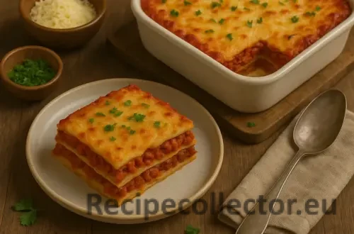 A slice of vegan lasagna layered with pasta, red sauce, and plant-based “meat,” topped with melted vegan cheese and parsley. Served on a ceramic plate with a baking dish in the background, rustic bowls of cheese and herbs, and a vintage spoon on a linen napkin, all set on a wooden table.