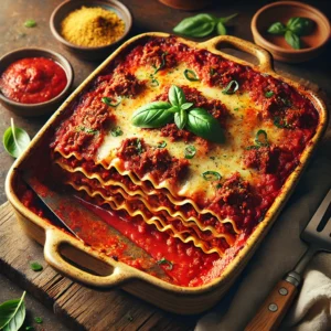A baking dish of Vegan Red 'Meat' Lasagna with layers of plant-based meat, tomato sauce, lasagna sheets, and vegan ricotta, topped with a golden crust and garnished with basil leaves, served on a wooden table with a spatula and tomato sauce nearby.