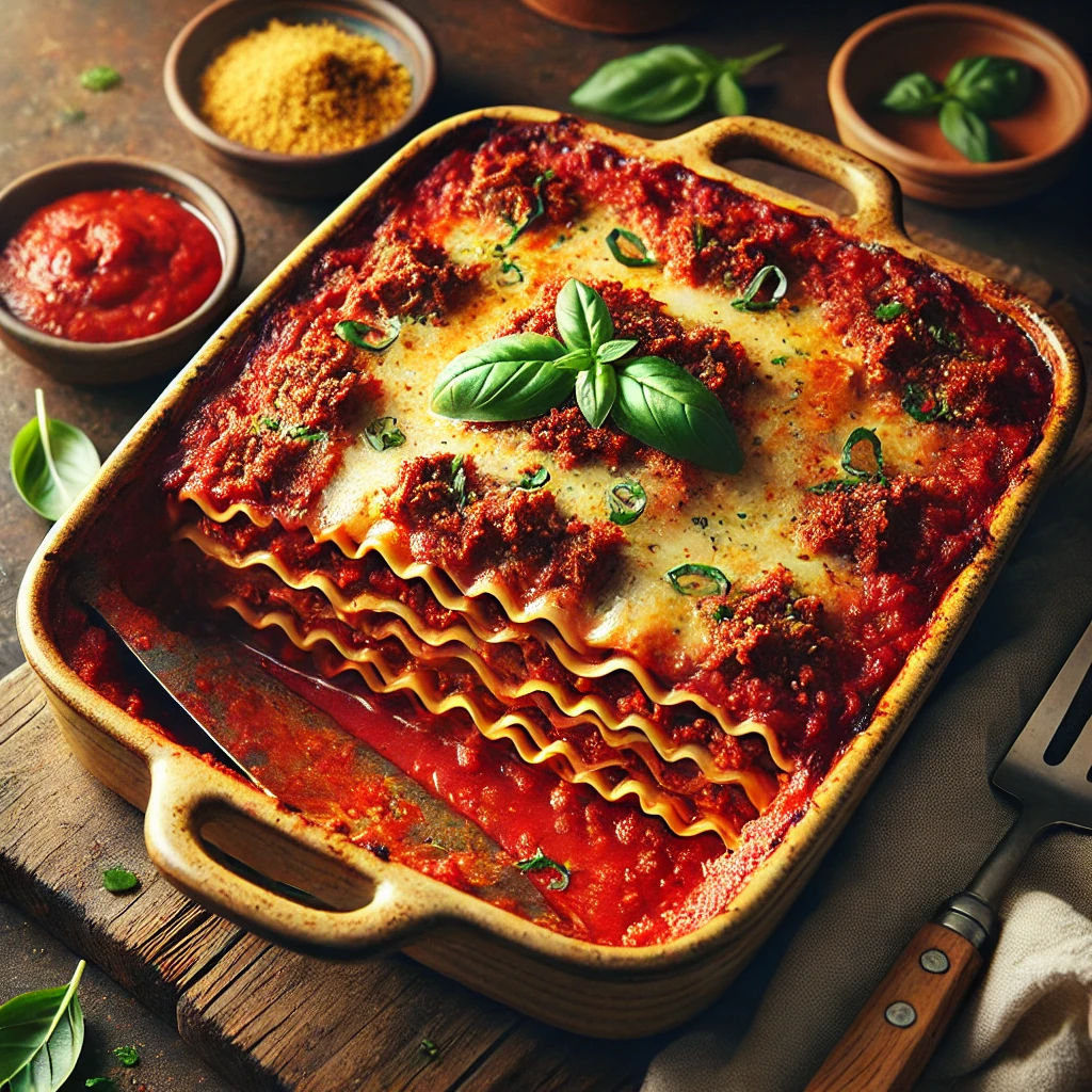 A baking dish of Vegan Red 'Meat' Lasagna with layers of plant-based meat, tomato sauce, lasagna sheets, and vegan ricotta, topped with a golden crust and garnished with basil leaves, served on a wooden table with a spatula and tomato sauce nearby.