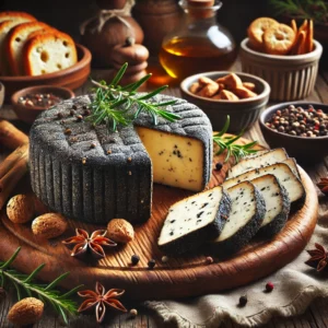 Vegan smoky black pepper cheese in a round shape, coated with cracked black pepper, served on a wooden board with bread, crackers, and roasted nuts, garnished with rosemary and olive oil in a cozy, rustic setting.