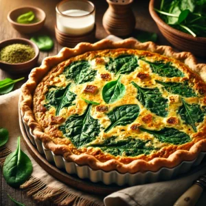 A golden vegan spinach quiche with a flaky crust and creamy spinach filling, garnished with fresh herbs, served on a rustic plate with fresh spinach and plant-based milk in the background.