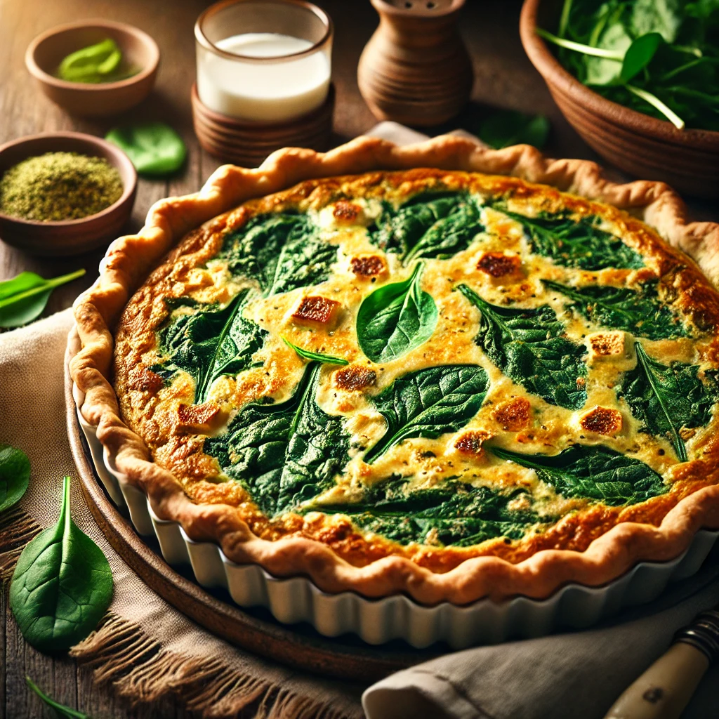 A golden vegan spinach quiche with a flaky crust and creamy spinach filling, garnished with fresh herbs, served on a rustic plate with fresh spinach and plant-based milk in the background.