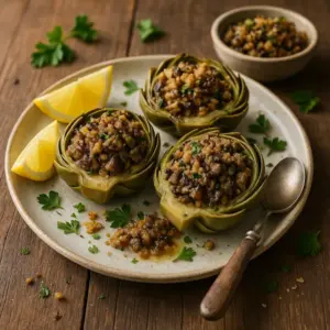 English alt text: A 600×600 photoreal image in the pesto-style look—three halved artichokes stuffed with a browned mushroom–breadcrumb filling on a matte off-white plate, garnished with parsley and lemon wedges; shallow depth-of-field, soft side/back light; on the same rustic plank wooden table as the reference; no text on the image.