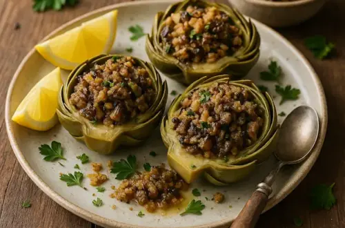 English alt text: A 600×600 photoreal image in the pesto-style look—three halved artichokes stuffed with a browned mushroom–breadcrumb filling on a matte off-white plate, garnished with parsley and lemon wedges; shallow depth-of-field, soft side/back light; on the same rustic plank wooden table as the reference; no text on the image.