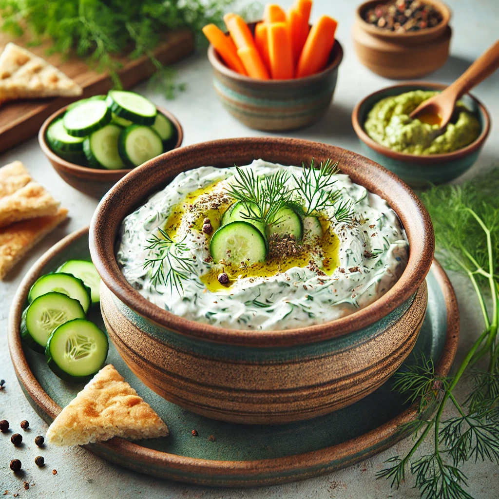 Vegan tzatziki in a rustic bowl, made with plant-based yogurt, cucumber, garlic, and dill, garnished with olive oil, black pepper, and dill sprigs, served with pita bread, carrot sticks, and cucumber slices on a wooden table in a bright Mediterranean setting.