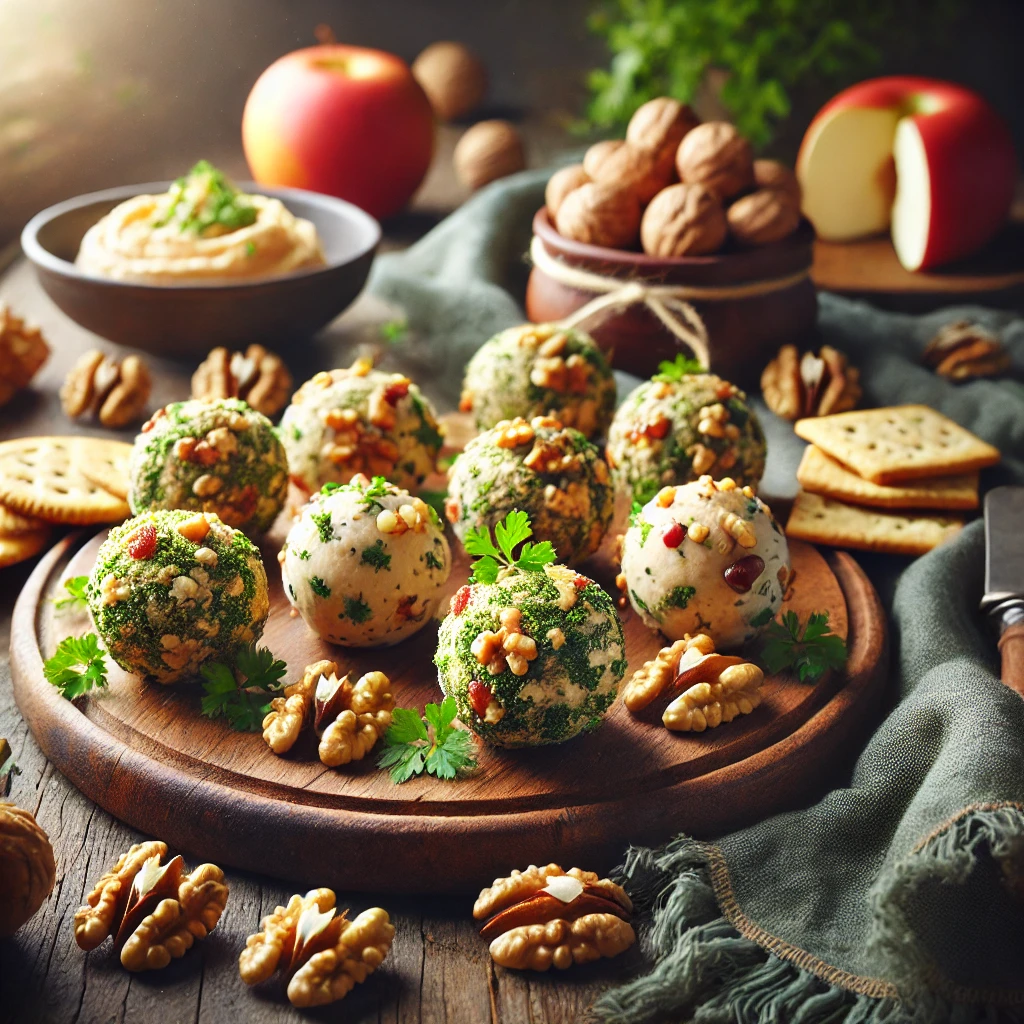 Vegan walnut and currant cheese balls rolled in chopped walnuts and herbs, served on a wooden board with crackers, sliced apples, and a small dish of hummus, in a cozy, rustic setting.