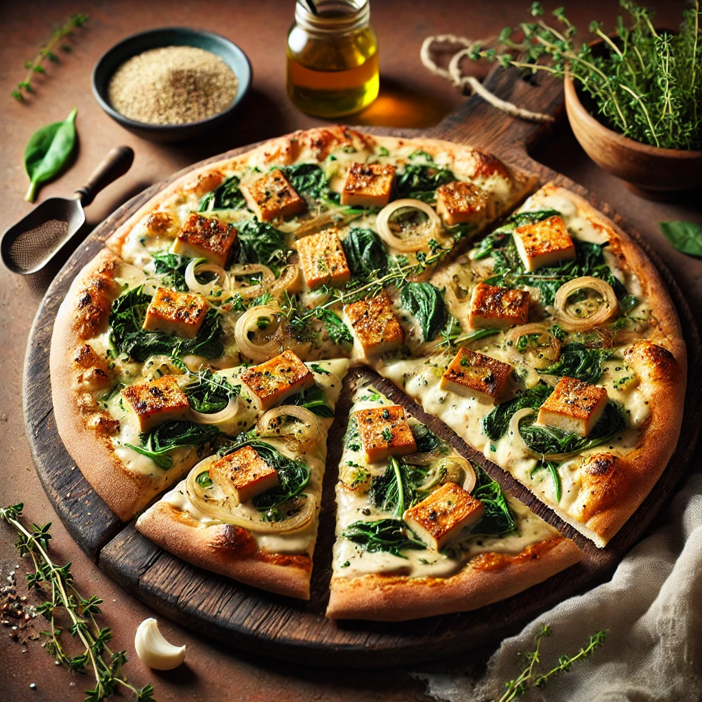 A Vegan White Pizza with a crispy crust, topped with garlic cashew sauce, smoked tofu slices, sautéed spinach, and caramelized onions, garnished with thyme and vegan Parmesan, served on a wooden board with cashew sauce and thyme sprigs in the background.