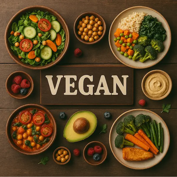 Top-down view of a rustic wooden table featuring a colorful assortment of vegan dishes arranged around a central sign labeled VEGAN. Includes fresh salad, chickpea curry, couscous, sautéed greens, steamed vegetables, avocado, hummus, and berries, all served in wooden and ceramic bowls and plates.