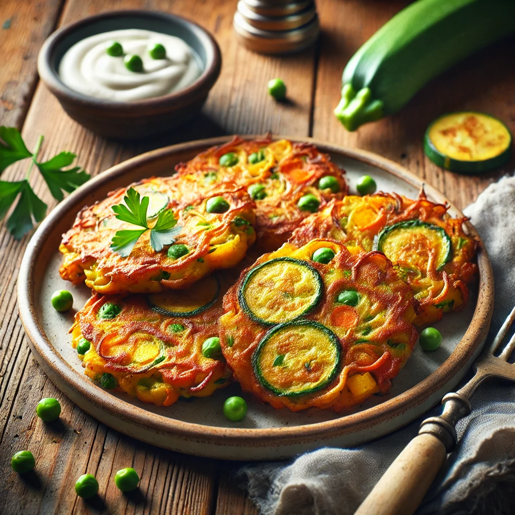 A plate of crispy, golden-brown Vegetable Fritters made with zucchini, potatoes, carrots, and peas, served on a rustic wooden table. The fritters have a crunchy exterior and are garnished with fresh parsley. A small dish of creamy dipping sauce sits beside them, with a fork resting nearby. Warm, natural lighting enhances the inviting, homemade feel.