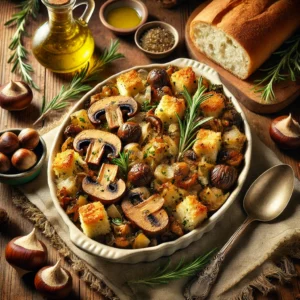 A rustic presentation of vegetarian ciabatta stuffing with mushrooms and chestnuts, elegantly arranged on a wooden table. The dish features golden, crispy ciabatta bread cubes tossed with sautéed mushrooms, roasted chestnuts, onions, and fresh herbs. A serving spoon rests inside the dish, revealing the hearty, flavorful layers. Scattered around are whole chestnuts, fresh rosemary sprigs, and a small dish of olive oil. Soft natural lighting enhances the warm and inviting feel, with gentle shadows and a hint of rustic kitchen charm in the background.