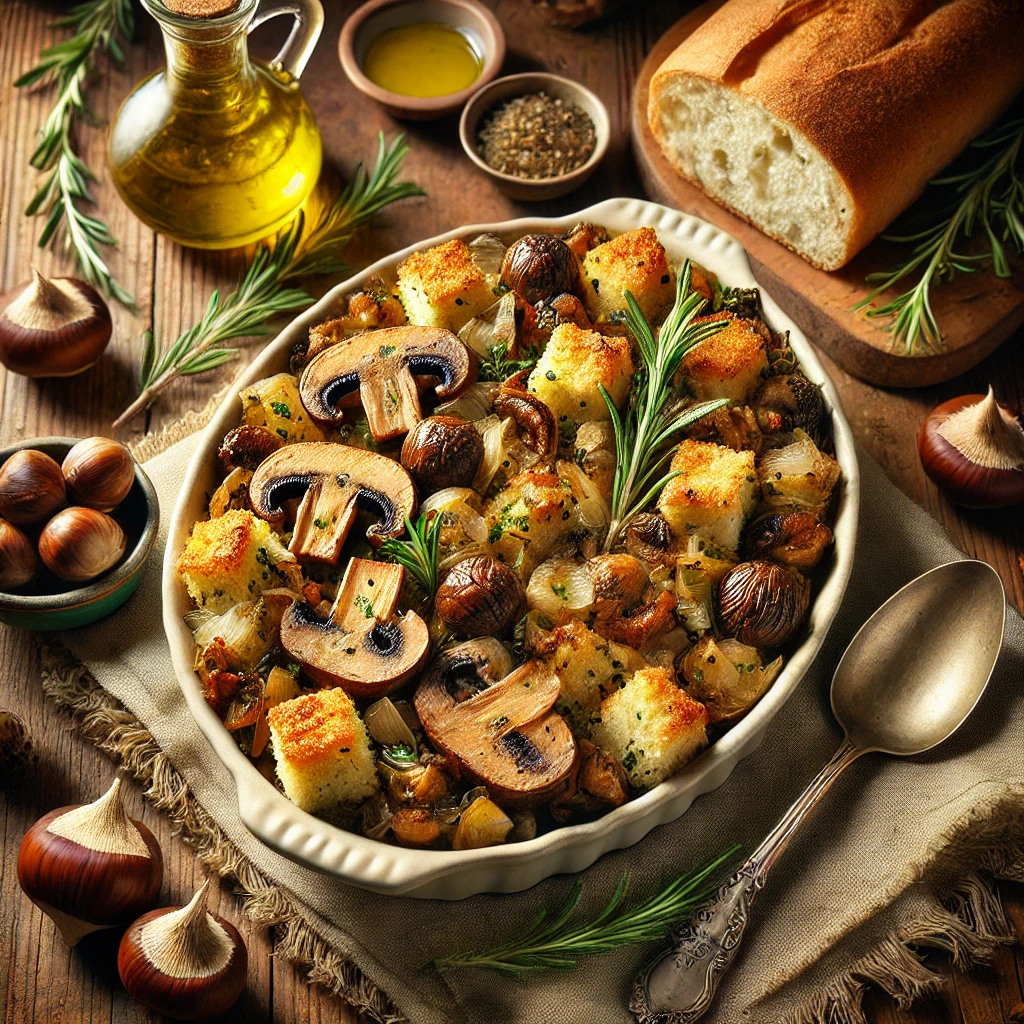 A rustic presentation of vegetarian ciabatta stuffing with mushrooms and chestnuts, elegantly arranged on a wooden table. The dish features golden, crispy ciabatta bread cubes tossed with sautéed mushrooms, roasted chestnuts, onions, and fresh herbs. A serving spoon rests inside the dish, revealing the hearty, flavorful layers. Scattered around are whole chestnuts, fresh rosemary sprigs, and a small dish of olive oil. Soft natural lighting enhances the warm and inviting feel, with gentle shadows and a hint of rustic kitchen charm in the background.