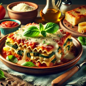 A beautifully plated Vegetarian Crockpot Lasagna with layers of pasta, ricotta cheese, spinach, zucchini, and rich tomato sauce, topped with melted mozzarella and fresh basil. Served on a rustic ceramic plate on a wooden table, accompanied by grated parmesan, a jar of tomato sauce, and a side of garlic bread.