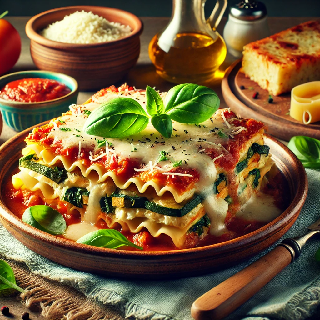 A beautifully plated Vegetarian Crockpot Lasagna with layers of pasta, ricotta cheese, spinach, zucchini, and rich tomato sauce, topped with melted mozzarella and fresh basil. Served on a rustic ceramic plate on a wooden table, accompanied by grated parmesan, a jar of tomato sauce, and a side of garlic bread.