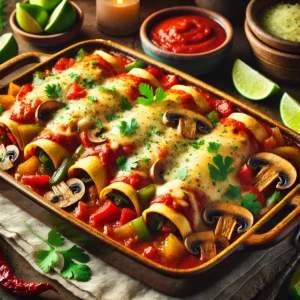 A ceramic baking dish of vegetarian enchiladas filled with mushrooms and bell peppers, topped with red enchilada sauce, melted cheese, and garnished with cilantro, served with lime wedges on a rustic wooden table.