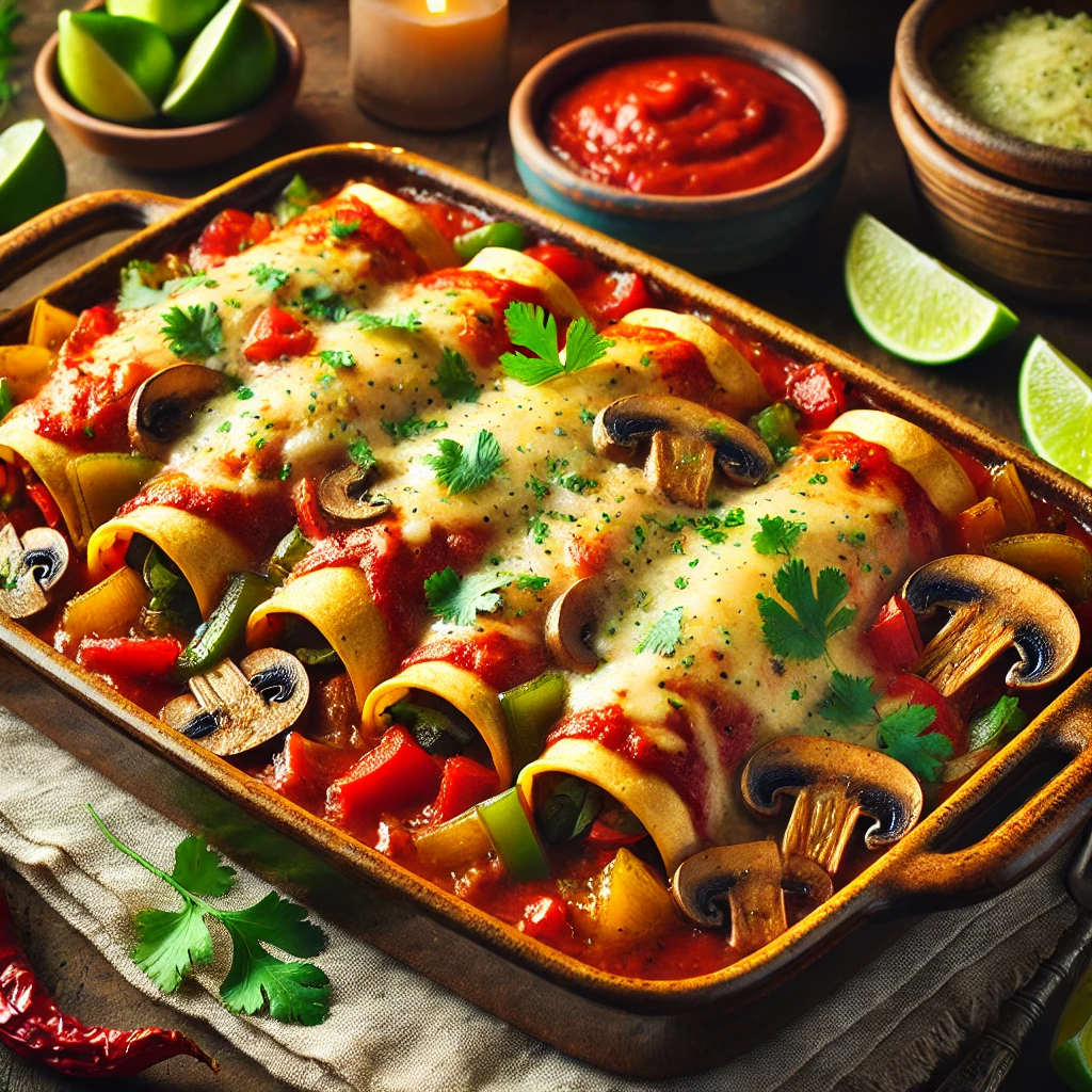 A ceramic baking dish of vegetarian enchiladas filled with mushrooms and bell peppers, topped with red enchilada sauce, melted cheese, and garnished with cilantro, served with lime wedges on a rustic wooden table.