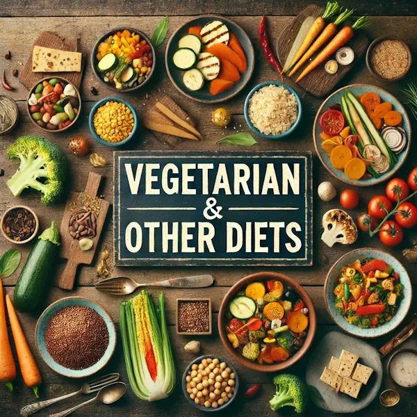 A rustic flat lay of vegetarian and special diet foods on a dark wooden table, featuring dishes like quinoa salad, chickpea stew, grilled tofu, and roasted vegetables. The layout is clean and warm. At the top, the words 'VEGETARIAN & OTHER DIETS' appear in large cream-colored serif letters, centered above the food.