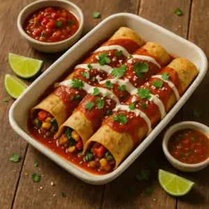 A 600×600 photoreal pesto-style image—three rolled veggie enchiladas in a matte off-white ceramic baking dish on the same rustic plank wooden table as the reference; roasted vegetable filling visible at the ends, topped with smooth red enchilada sauce, light cashew-crema drizzle, and a sprinkle of vegan queso; garnished with cilantro and lime wedges, with ramekins of salsa around; shallow depth-of-field and softly bright natural side/back lighting; no text on the image.