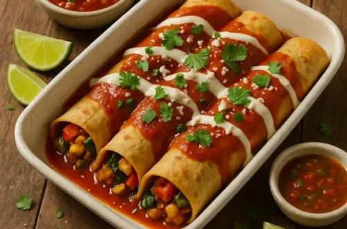 A 600×600 photoreal pesto-style image—three rolled veggie enchiladas in a matte off-white ceramic baking dish on the same rustic plank wooden table as the reference; roasted vegetable filling visible at the ends, topped with smooth red enchilada sauce, light cashew-crema drizzle, and a sprinkle of vegan queso; garnished with cilantro and lime wedges, with ramekins of salsa around; shallow depth-of-field and softly bright natural side/back lighting; no text on the image.