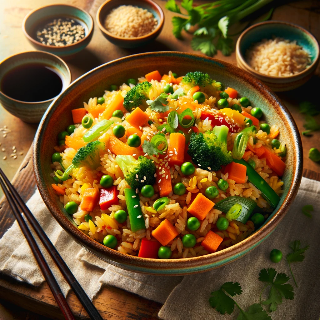 A bowl of Veggie Fried Rice with colorful vegetables like carrots, peas, and bell peppers, garnished with sesame seeds and cilantro, served on a wooden table with chopsticks and soy sauce nearby.
