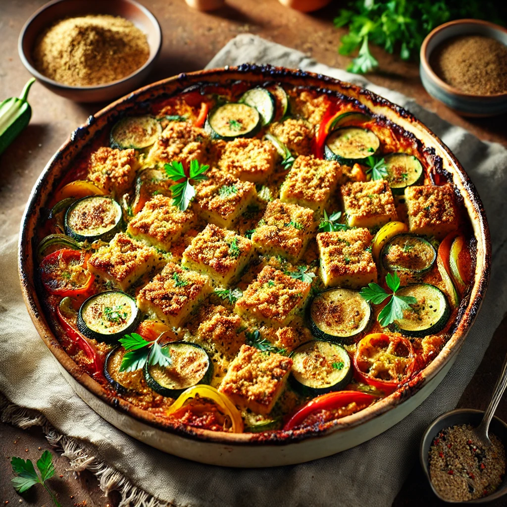 A baking dish of Veggie Tofu Bake with a golden, crispy crust, layered with zucchini, bell peppers, and carrots, garnished with parsley and black pepper, set on a wooden table with breadcrumbs and fresh vegetables in the background.