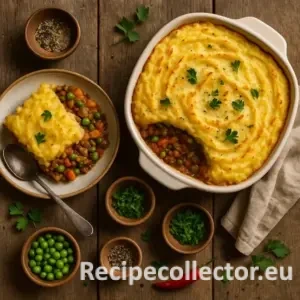 A golden-topped shepherd’s pie with creamy mashed potatoes, filled with lentils, peas, and diced vegetables, served in a rustic baking dish and plated with parsley garnish on a wooden table.