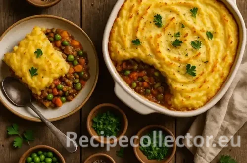 A golden-topped shepherd’s pie with creamy mashed potatoes, filled with lentils, peas, and diced vegetables, served in a rustic baking dish and plated with parsley garnish on a wooden table.