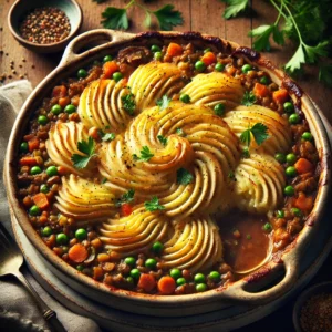 A rustic baking dish of Very Veggie Shepherd’s Pie with a golden mashed potato topping, piped in swirls and lightly browned, garnished with parsley, set on a wooden table with a serving spoon and fresh parsley in the background.