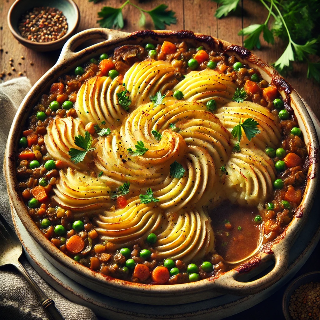 A rustic baking dish of Very Veggie Shepherd’s Pie with a golden mashed potato topping, piped in swirls and lightly browned, garnished with parsley, set on a wooden table with a serving spoon and fresh parsley in the background.