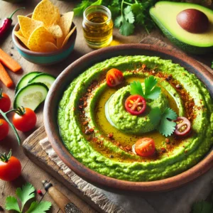 Vibrant avocado cilantro hummus in a rustic bowl, garnished with olive oil, chili flakes, and fresh cilantro, surrounded by carrot sticks, cucumber slices, cherry tomatoes, and crispy pita chips, set on a wooden table with natural lighting.