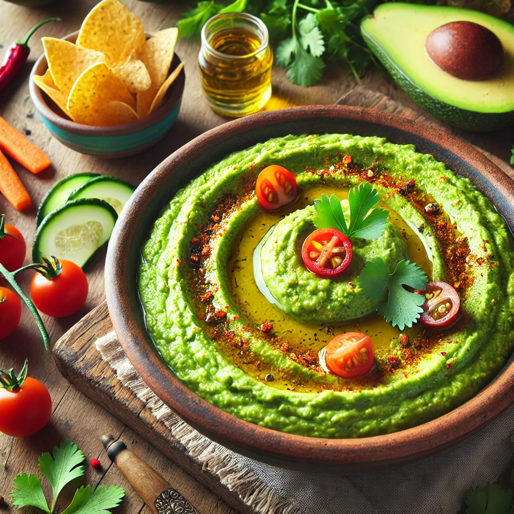 Vibrant avocado cilantro hummus in a rustic bowl, garnished with olive oil, chili flakes, and fresh cilantro, surrounded by carrot sticks, cucumber slices, cherry tomatoes, and crispy pita chips, set on a wooden table with natural lighting.