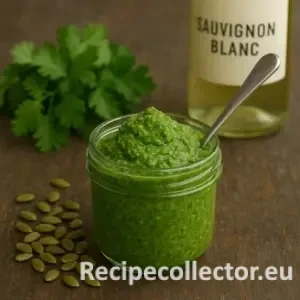 Cilantro pepita pesto in a glass jar on a rustic wooden table with fresh cilantro, pepitas, and a bottle of Sauvignon Blanc in the background.