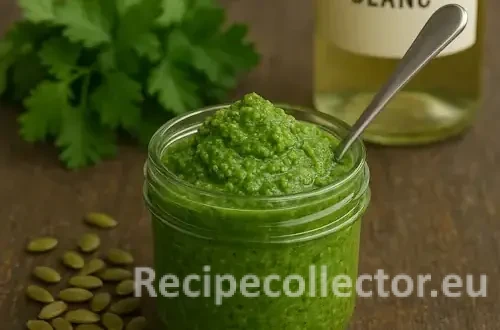 Cilantro pepita pesto in a glass jar on a rustic wooden table with fresh cilantro, pepitas, and a bottle of Sauvignon Blanc in the background.