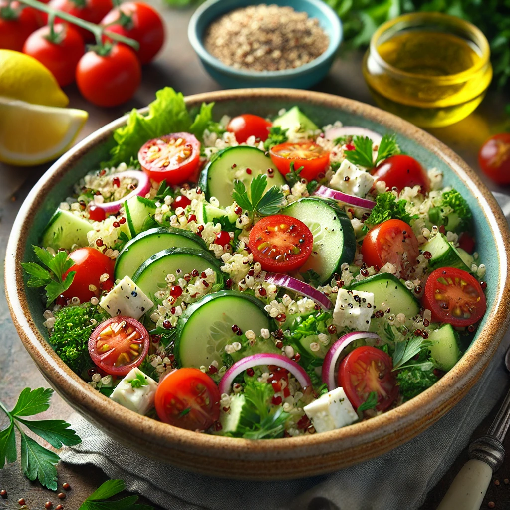 Vibrant cucumber, tomato, and quinoa salad with diced vegetables, parsley, and feta, tossed in lemon vinaigrette, garnished with black pepper, served in a rustic bowl on a wooden table with lemon wedges.