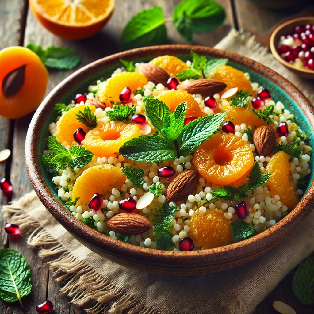 Vibrant millet and apricot salad in a rustic bowl, featuring millet, dried apricots, mint, parsley, and almonds, garnished with pomegranate seeds and lemon vinaigrette, set on a wooden table with fresh mint and lemon.