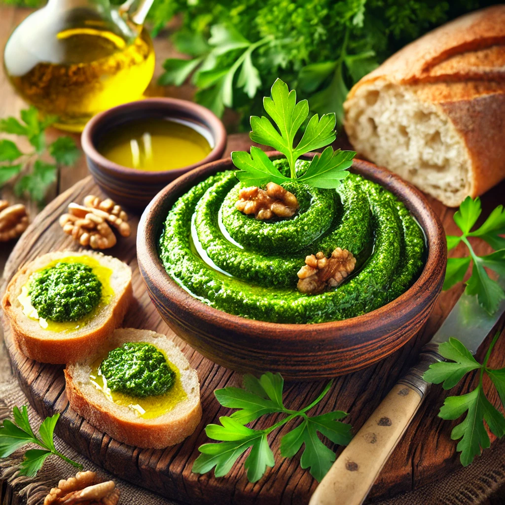 A vibrant green parsley pesto spread in a rustic bowl, topped with olive oil drizzle, parsley leaves, and crushed walnuts. Served with slices of crusty bread, a small dish of olive oil, and fresh parsley on a wooden surface with warm natural lighting.