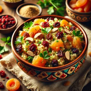 A rustic ceramic bowl of vibrant Quinoa Pilaf with dried fruit like raisins, cranberries, and apricots, garnished with parsley and slivered almonds, served on a wooden table with a small bowl of dried fruit and a linen napkin nearby.