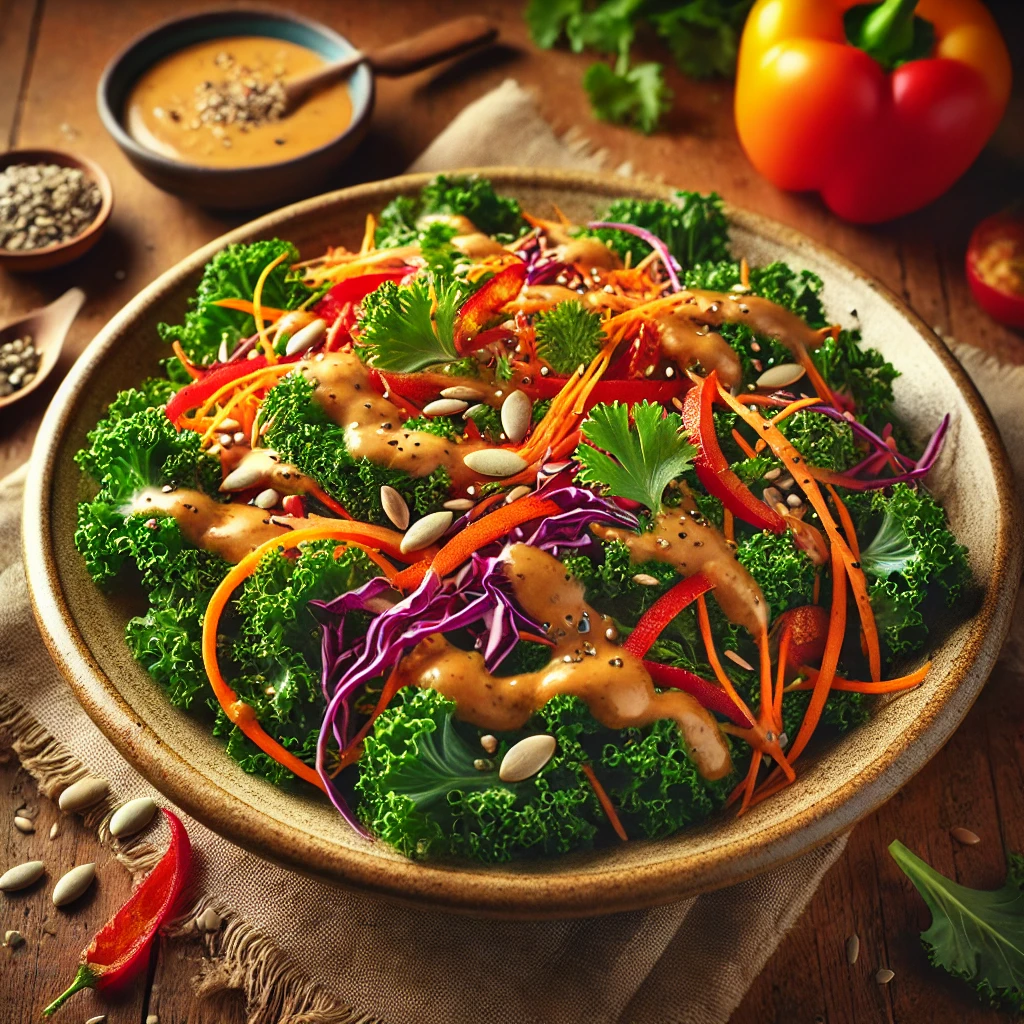 Fresh kale leaves, shredded purple cabbage, julienned carrots, and sliced red bell peppers tossed in a creamy peanut Dijon dressing, garnished with sunflower seeds, cilantro, and sesame seeds.