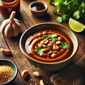 A thick, glossy sauce combining peanut butter and hoisin, garnished with crushed peanuts and cilantro, served in a small bowl on a rustic wooden table.