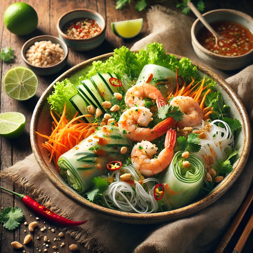 A fresh and vibrant salad with crisp lettuce, shredded carrots, cucumbers, rice noodles, and tender shrimp, garnished with crushed peanuts, cilantro, and a drizzle of Vietnamese peanut hoisin sauce.