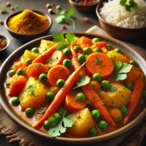 A beautifully plated dish of Village-style Carrots with Potatoes and Peas, featuring tender carrot slices, golden potato chunks, and vibrant green peas cooked in a fragrant blend of Indian spices. The dish has warm hues of orange, yellow, and green, infused with flavors of cumin, turmeric, and coriander. Garnished with fresh cilantro and a sprinkle of mustard seeds, it is served in a rustic ceramic bowl. Accompanied by warm basmati rice and a side of lentil dal, the bowl rests on a wooden table with soft, natural lighting enhancing the inviting and flavorful presentation.
