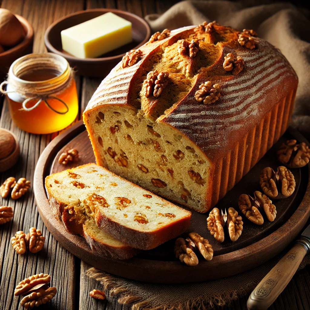A beautifully plated loaf of Walnut Bread served on a rustic wooden table. The bread has a golden-brown crust with a soft, slightly dense interior filled with crunchy walnuts. Topped with a light dusting of flour and sliced to reveal the rich texture inside. Arranged on a wooden cutting board, served with a side of butter and honey. The warm wooden table is more visible, providing a cozy and inviting setting.