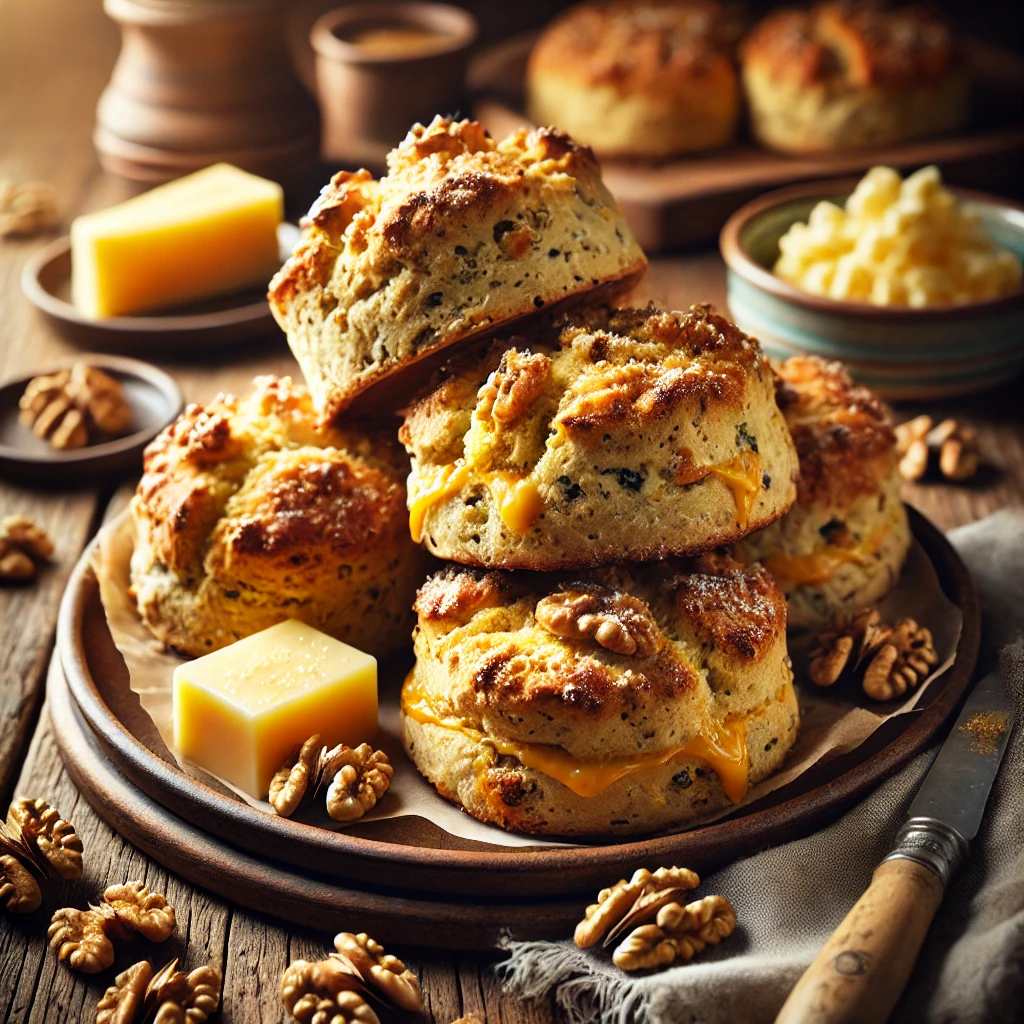 A batch of freshly baked Walnut and Cheese Scones with a golden, flaky crust and a soft, crumbly interior. The scones are studded with chopped walnuts and melted cheddar or Stilton, arranged on a rustic wooden table, served on a ceramic plate with a linen napkin, a small dish of butter, and extra walnuts scattered around. Warm, natural lighting enhances the inviting textures and golden hues.