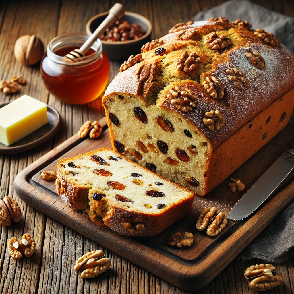 A beautifully plated loaf of Walnut and Sultana Bread served on a rustic wooden table. The bread has a golden-brown crust with a soft, slightly dense interior filled with crunchy walnuts and sweet sultanas. Topped with a light dusting of flour and sliced to reveal the rich texture inside. Arranged on a wooden cutting board, served with a side of butter and honey. The warm wooden table is more visible, providing a cozy and inviting setting.
