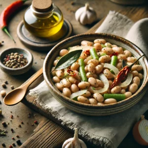 Bean Salad served in an artisan ceramic bowl, featuring tender cannellini beans mixed with finely chopped onions, celery, chili, and garlic, seasoned with nutmeg and bay leaf. The dish is drizzled with olive oil and garnished with fresh herbs, styled on a rustic wooden table with a small dish of olive oil, a wooden spoon, and a linen napkin.